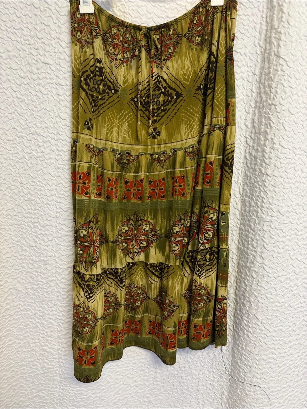 Julie’s Closet USA Olive Green Boho Tiered Midi Skirt Tribal Geometric Y2K L/XL